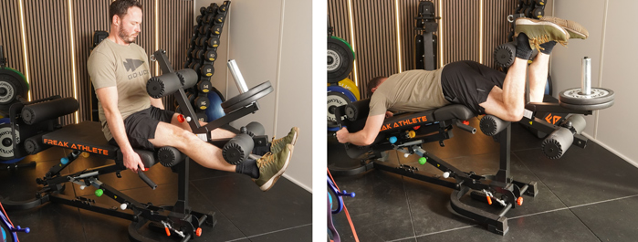 Freak Athlete Hyper Pro set up as a leg extension and a leg curl machine.